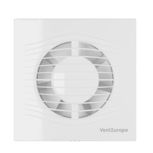 Venteurope Elegia 125 aksiyel havalandırma fanı – 12.5cm çapında, sessiz, IP45 korumalı, geri akış önleyici kapaklı.